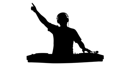 DJ performing with headphones and vinyl records in silhouette  
