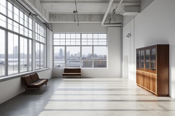 Obraz premium Spacious loft space with large windows, showcasing city views