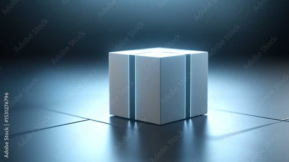 Aufkleber Futuristic 3D rendered cube with glowing edges on a smooth surface, ideal for modern tech and design themes.
