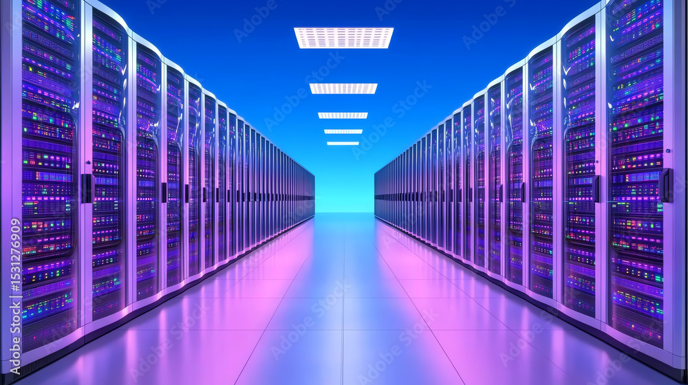 Poster futuristic data center with rows of servers illuminated by vibrant purple and blue lights, emphasizi