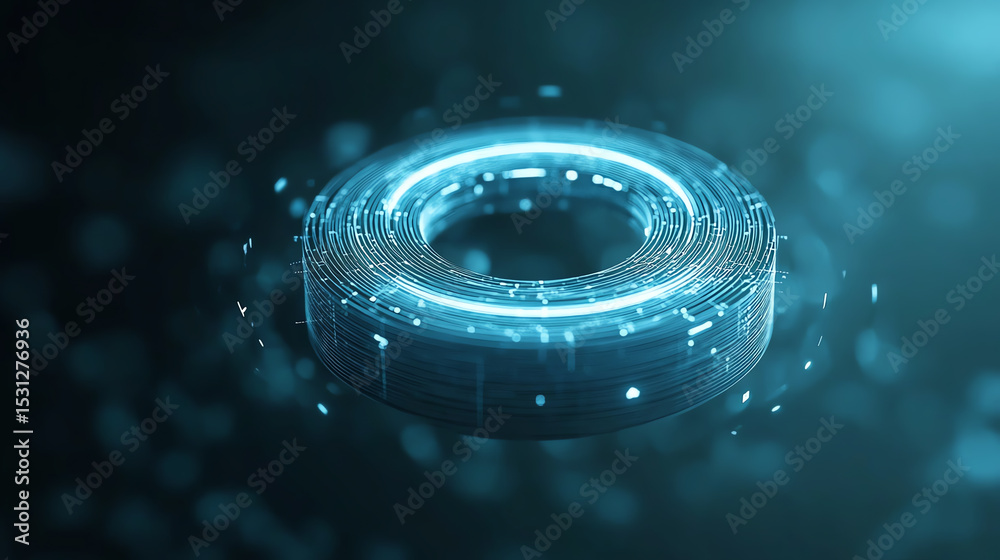 Poster futuristic digital design featuring a glowing holographic ring against a dark backdrop, showcasing a