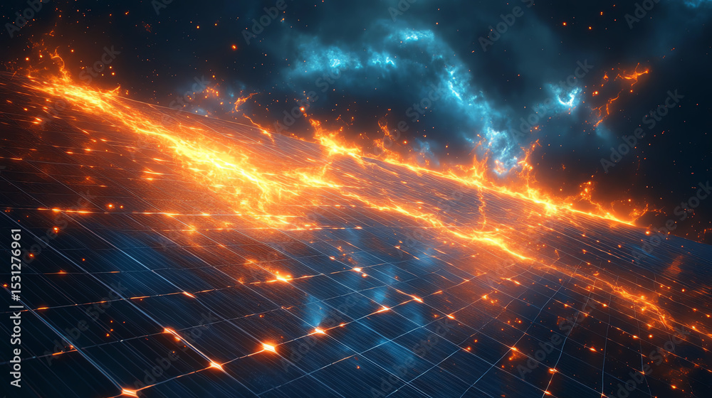 Poster Futuristic digital landscape featuring vibrant energy streams and grids, representing innovation and advanced technology concepts.