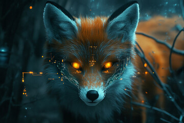 Fototapeta premium Futuristic Cybernetic Animal with Glowing Eyes and Metallic Fur in a Mysterious Forest – Generative AI