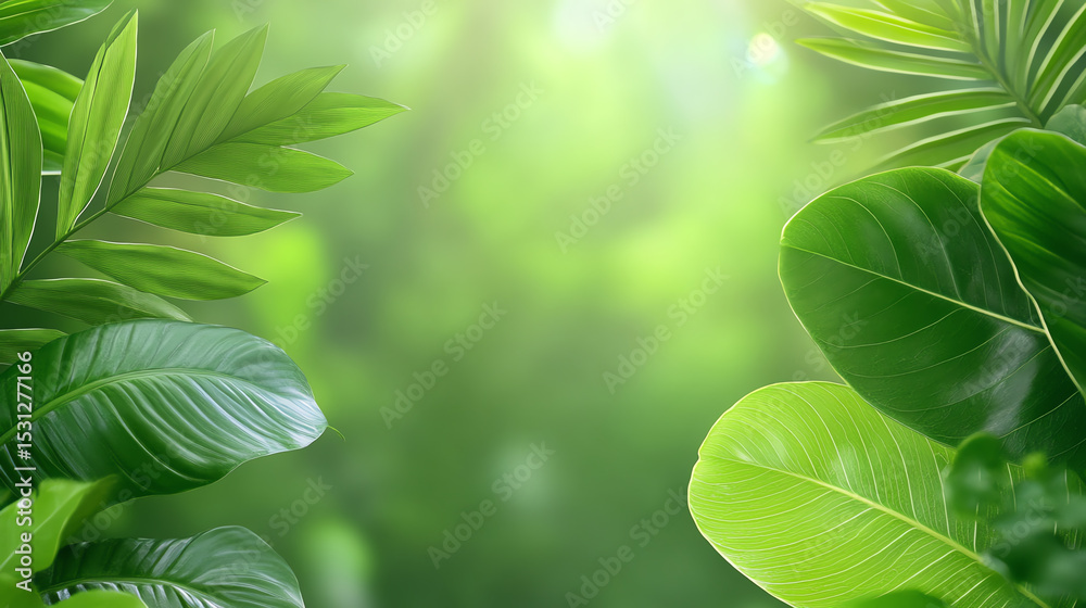 Poster lush green leaves illuminated by gentle light, creating a serene and vibrant natural atmosphere perf