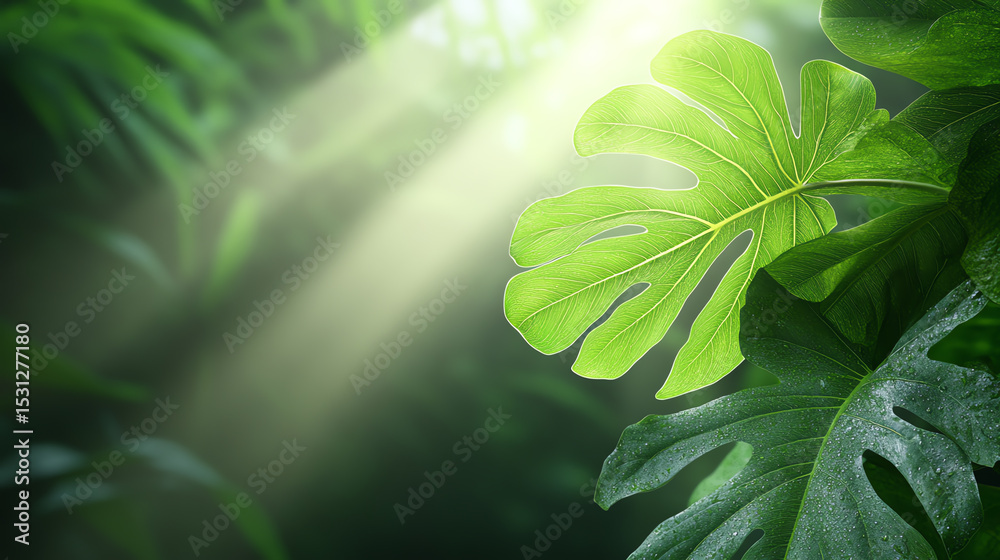 Aufkleber Lush green leaves illuminated by soft rays of sunlight, creating a serene and calming atmosphere in a tropical environment.