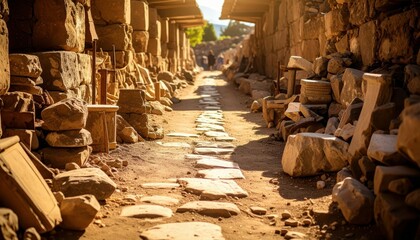 Ancient Pathway Surrounded by Scattered Archaeological Artifacts