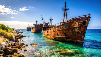 Obraz premium Eerie Pathway of Rusted Shipwrecks on Shallow Seabed