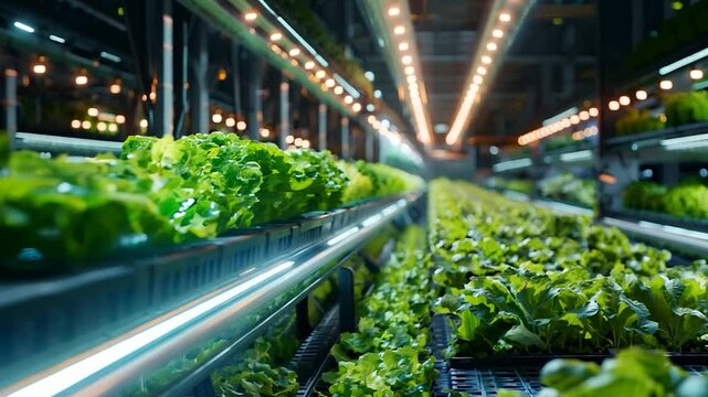 Indoor farm employs advanced boto technology to cultivate a variety of leafy greens in a controlled environment illuminated during evening hours	