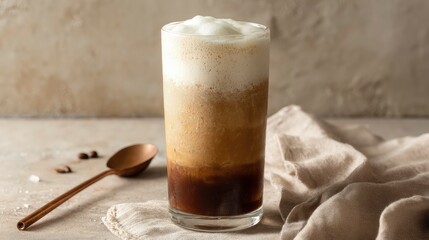 Classic iced coffee with a foamy top, served in a transparent glass