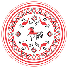 Vector red horse drawn in mezensky style. Mezen painting. Illustration of red horse in geometric art style in round ornament on white background