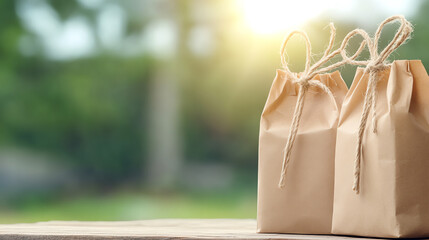 Two eco-friendly paper bags tied with twine, resting on a wooden surface with sunlight filtering through a lush green background.
