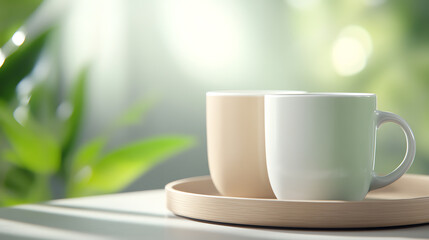 Two elegant cups on a wooden tray, surrounded by lush greens, perfect for a refreshing beverage in a serene setting.