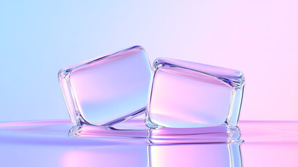 Two ice cubes with a glossy finish reflect colorful light, creating a vibrant and refreshing atmosphere.