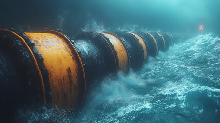 Underwater view of large industrial pipes submerged in turbulent waves, highlighting the interaction of technology and nature.