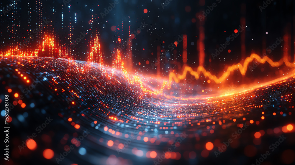 Poster Vibrant digital wave representation with glowing elements in motion, showcasing the beauty of technology and data visualization.