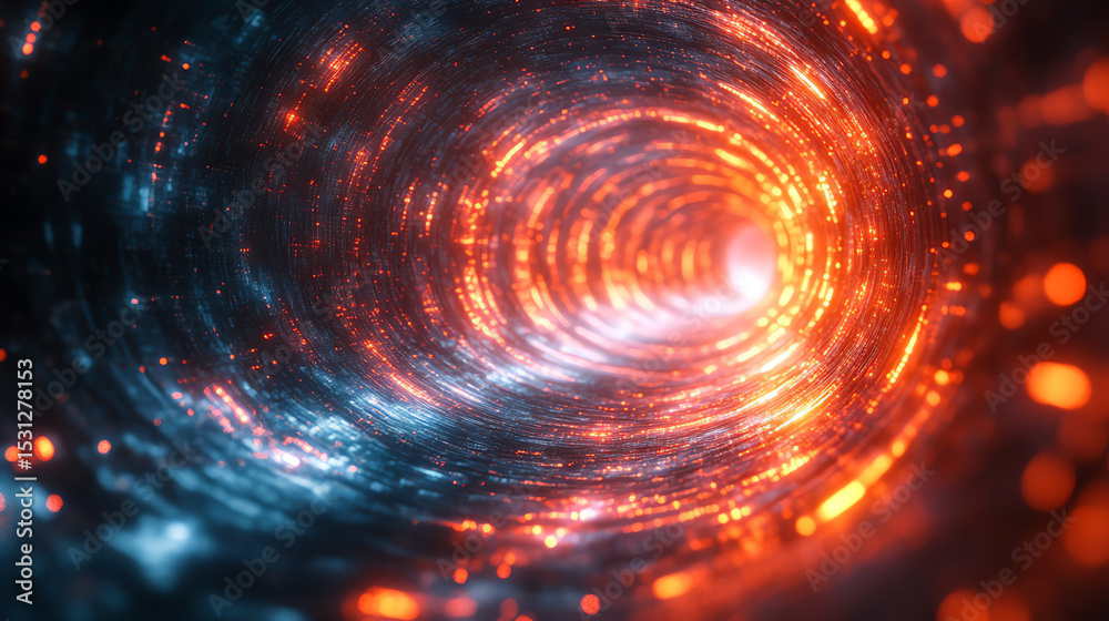 Aufkleber Vibrant digital tunnel with glowing particles in orange and blue, creating a mesmerizing futuristic atmosphere.