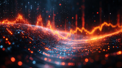 Vibrant digital wave representation with glowing elements in motion, showcasing the beauty of technology and data visualization.