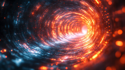 Vibrant digital tunnel with glowing particles in orange and blue, creating a mesmerizing futuristic atmosphere.