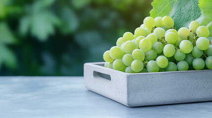 Vibrant green grapes arranged thoughtfully in a tray, showcasing their freshness and natural appeal against a blurred green backdrop.