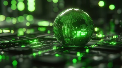 Green planet earth hologram rotating on futuristic circuit board