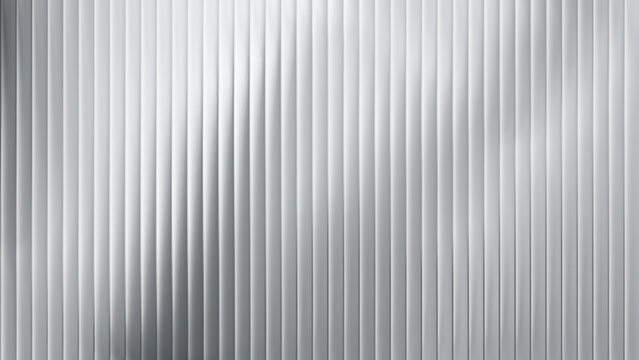 Corrugated wall background with reeded metal panel pattern and white glass texture effect. Abstract plastic siding plate with zinc steel sheet and ribbed roof. Reed reflection and chrome surface.