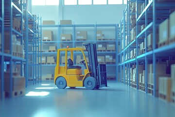 Fototapeta premium A yellow forklift inside a brightly lit warehouse. High shelves filled with cardboard boxes. Interior shot, industrial scene