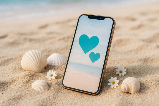 Beachside Smartphone Serenity with Teal Heart Design