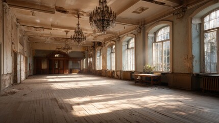 Deserted ballroom with tall windows, chandeliers unlit, wooden parquet flooring, and a faded elegance lingering in the quiet space