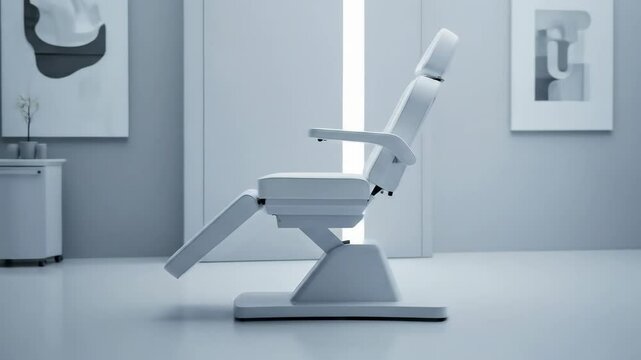 White reclining chair in modern clinic setting. Empty examination bed for medical aesthetic or dental treatment. Minimalist space for beauty therapy, footage.