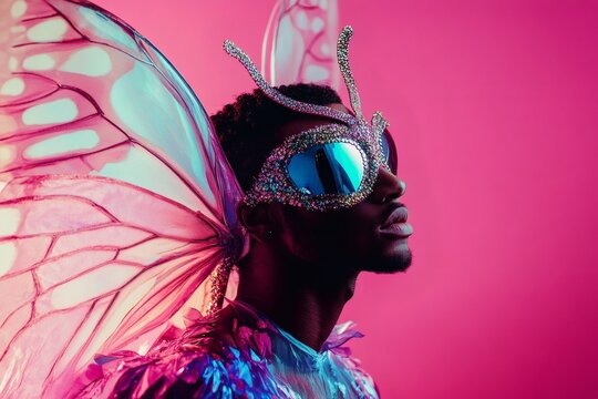Male model showcasing an extravagant butterfly costume and stylish glasses while posing against a vibrant pink background in the studio