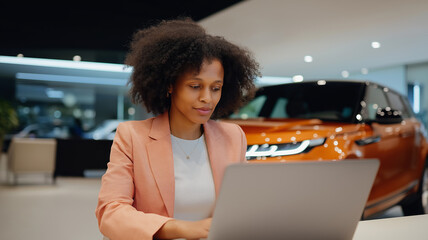 Curly-haired professional engrossed in tasks on her laptop in a sleek automotive showroom Generative AI