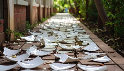 Delicate Pathway of Shattered Porcelain Fragments in Beautiful Nature