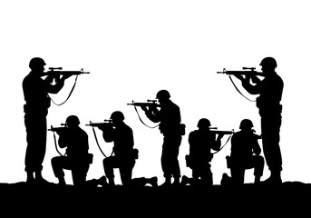 Silhouettes of soldiers in combat gear aiming rifles isolated on white background
