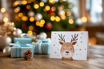 A cheerful holiday card with a cute reindeer rests on a rustic table with gifts and lights Generative AI