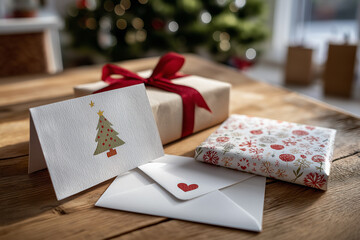 Colorful cards and gifts on a warm wooden table boost holiday cheer and celebration Generative AI
