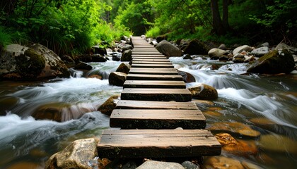 Obraz premium Stepping Stones Pathway Across a Rocky Riverbed with Rushing Water