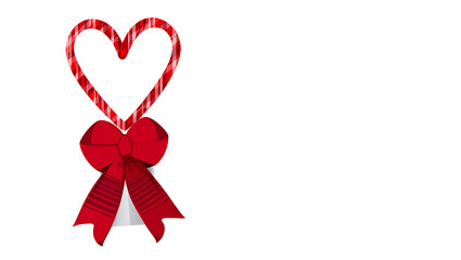 Red and white striped heart with a red bow on a white background in a simple graphic design style