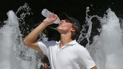 A young individual enjoys a refreshing drink from a water bottle, standing by a lively fountain Generative AI