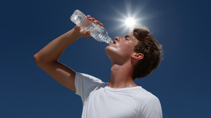 A young man refreshes with water under the blazing sun, savoring the moment Generative AI