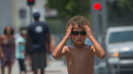 Sunlight gleams on a shirtless boy holding his head, seeming overwhelmed by the heat Generative AI