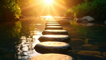 Obraz premium Stepping Stones Across a Shallow River Illuminated by Sunlight