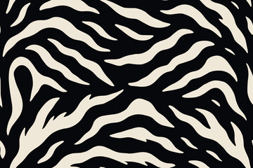 Seamless skunk fur pattern with wavy white stripes on black background