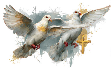 Flying doves holding and gold cross. Hand drawn. Watercolor illustration. For first communion, baptism greeting cards, invitation, wedding card. Isolated