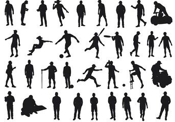 Silhouettes of people in various activities isolated on white background