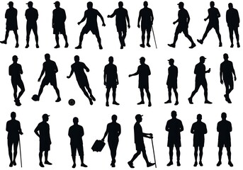 Silhouettes of men in various activities isolated on white background