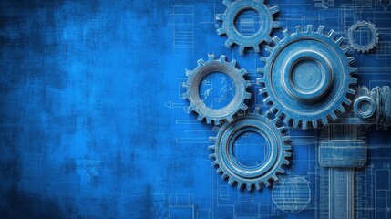 Gears rotating on blueprint representing engineering and innovation