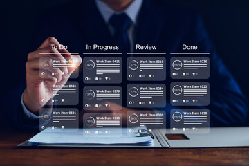 Analyzing Key Performance Indicators, Businessman using virtual screen to analyze key performance indicators KPI with various graphs and charts, showcasing data analysis and performance tracking