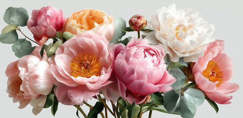 A lovely peony arrangement in soft hues, enhanced by lush green leaves for a serene vibe Generative AI
