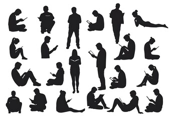 Silhouettes of people reading books and using digital tablets isolated on white
