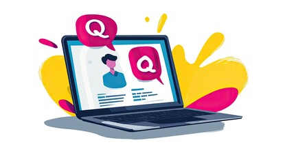 Laptop screen displaying a profile and question mark icons, surrounded by vibrant splashes of color